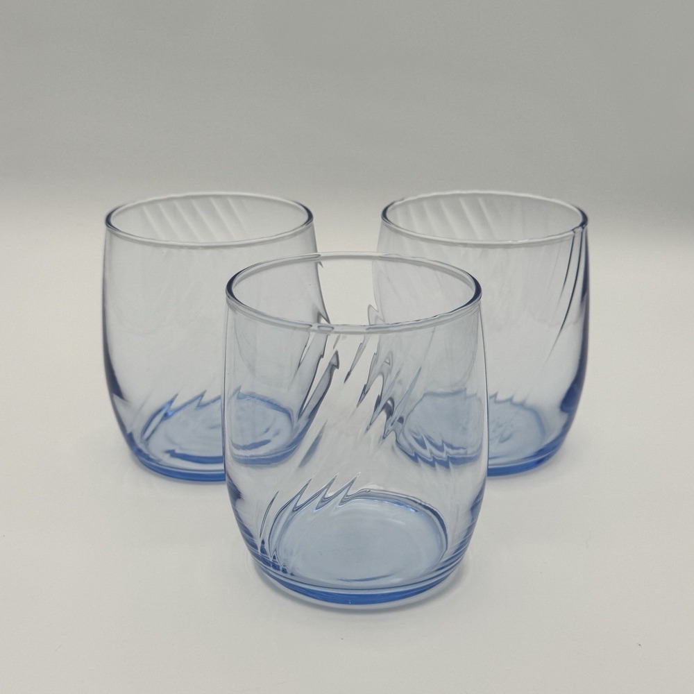 Vintage Blue Optic Swirl Lowball Tumbler Glasses Set of 3 Rocks Whiskey Barware